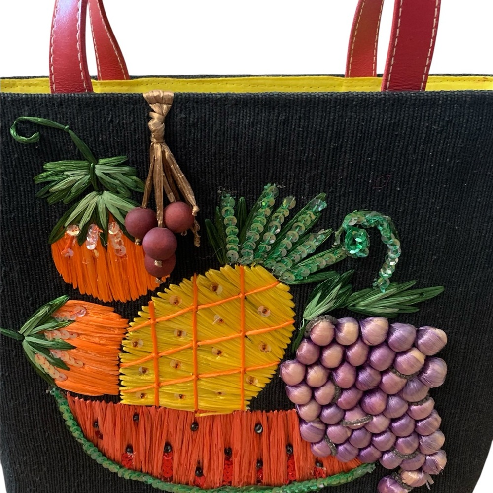 Santi Tote Bag Womens Black Red Fruit Basket Raffia Beaded Sequin Tropical Small - Picture 2 of 11